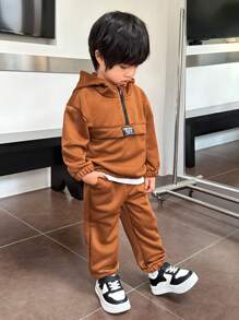 SHEIN Baby Boys' Casual Hooded Sweatshirt And Long Pants Set, Autumn/Winter - Brown - View 1