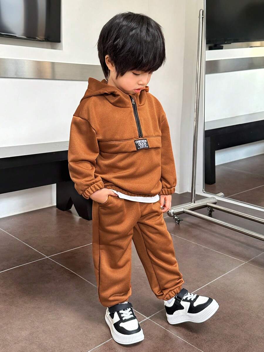 SHEIN Baby Boys' Casual Hooded Sweatshirt And Long Pants Set, Autumn/Winter - Brown - View 1