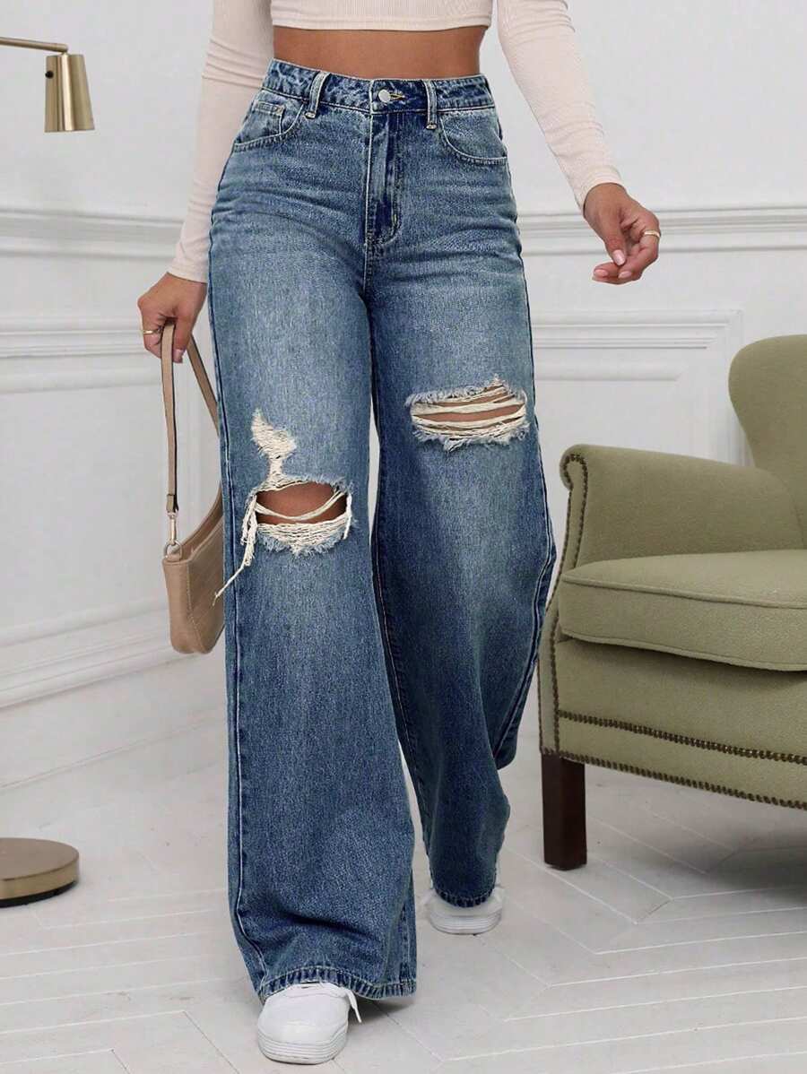 SHEIN EZwear Jeans rasgados de pierna ancha y cintura alta en color sólido - Azul lavado medio - Ver 1