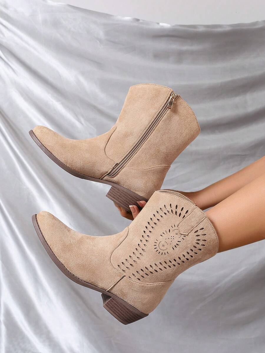 Fall/Winter Khaki Hollow Flower Pattern Asymmetric Striated Rough Heel/Low Heel Round Toe Side Zipper New Style Versatile Daily Commuter Women's Ankle Boots And Short Boots, Random,Boots For Women