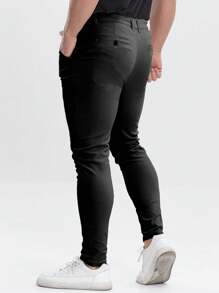 ALLELMS 男士修身抗皱弹力棉斜纹西裤 - 黑色 - 查看 2