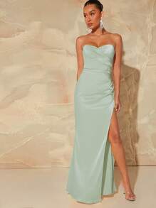 L'Amorae 女式秋季鼠尾草丝质高开叉露肩褶皱缎面长款外出优雅连衣裙