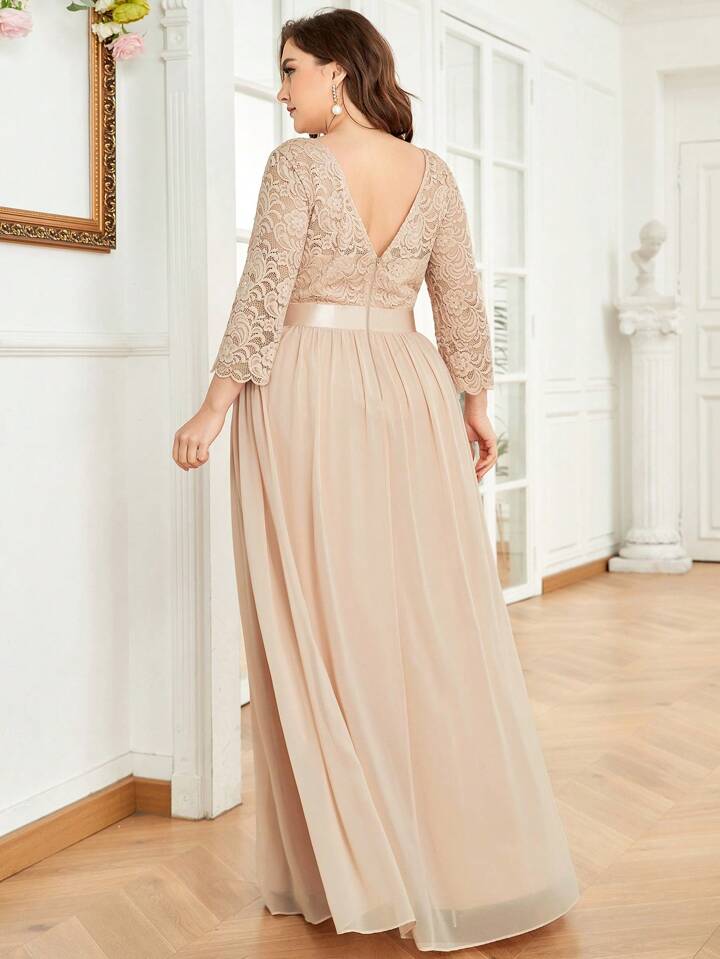 knee length dresses for ladies Burgundy Lace Bodice Flare Sleeves Chiffon Bridesmaid Dresses