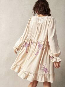 Bohemela Vacation Embroidery Women's Casual Mid-Length Dress, Beige Color, Summer - Apricot - View 2