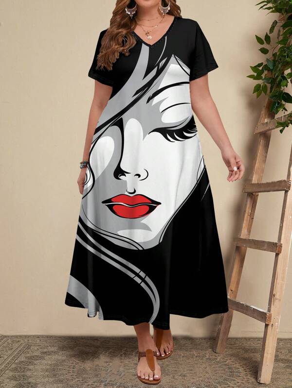 EMERY ROSE Summer Oil Painting Portrait Print V-Neck Short Sleeve Casual Loose Mid-Calf Plus Size Women's Dress