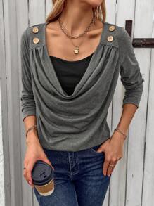 SHEIN LUNE Women's Spring And Summer Square Neck Long Sleeve Button Decor Casual T-Shirt - Multicolor - View 6