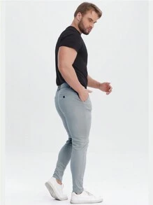 ALLELMS 男士修身抗皱弹力棉斜纹西裤 - 灰色 - 查看 4