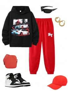 SHEIN 2 件青少年男童休闲 GTR 赛车卡通印花黑色圆领长袖运动衫，搭配撞色字母印花红色运动裤，适合秋季、冬季、保暖、大学、家居、日常穿着、运动和旅行。休闲百搭，保暖内衬。 - 彩色 - 查看 1