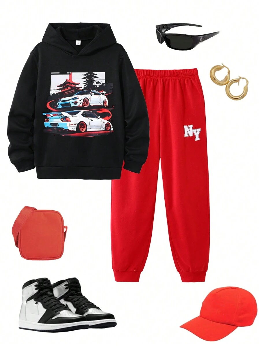 SHEIN 2 件青少年男童休闲 GTR 赛车卡通印花黑色圆领长袖运动衫，搭配撞色字母印花红色运动裤，适合秋季、冬季、保暖、大学、家居、日常穿着、运动和旅行。休闲百搭，保暖内衬。 - 彩色 - 查看 1