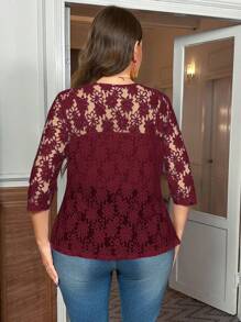 SHEIN Clasi Áo khoác nhẹ màu trơn viền ren cổ vuông thanh lịch cỡ lớn, sang trọng và gợi cảm - Màu Đỏ Sâu - Xem 2