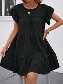 SHEIN LUNE Solid Ruffle Hem Smock Dress For Holiday - Black - View 5