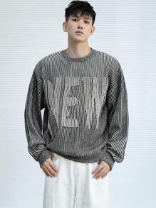 DAZY Men's Round Neck Striped Sweater With Letter Print, Long Sleeve, Spring And Autumn - Black and White - View 1
