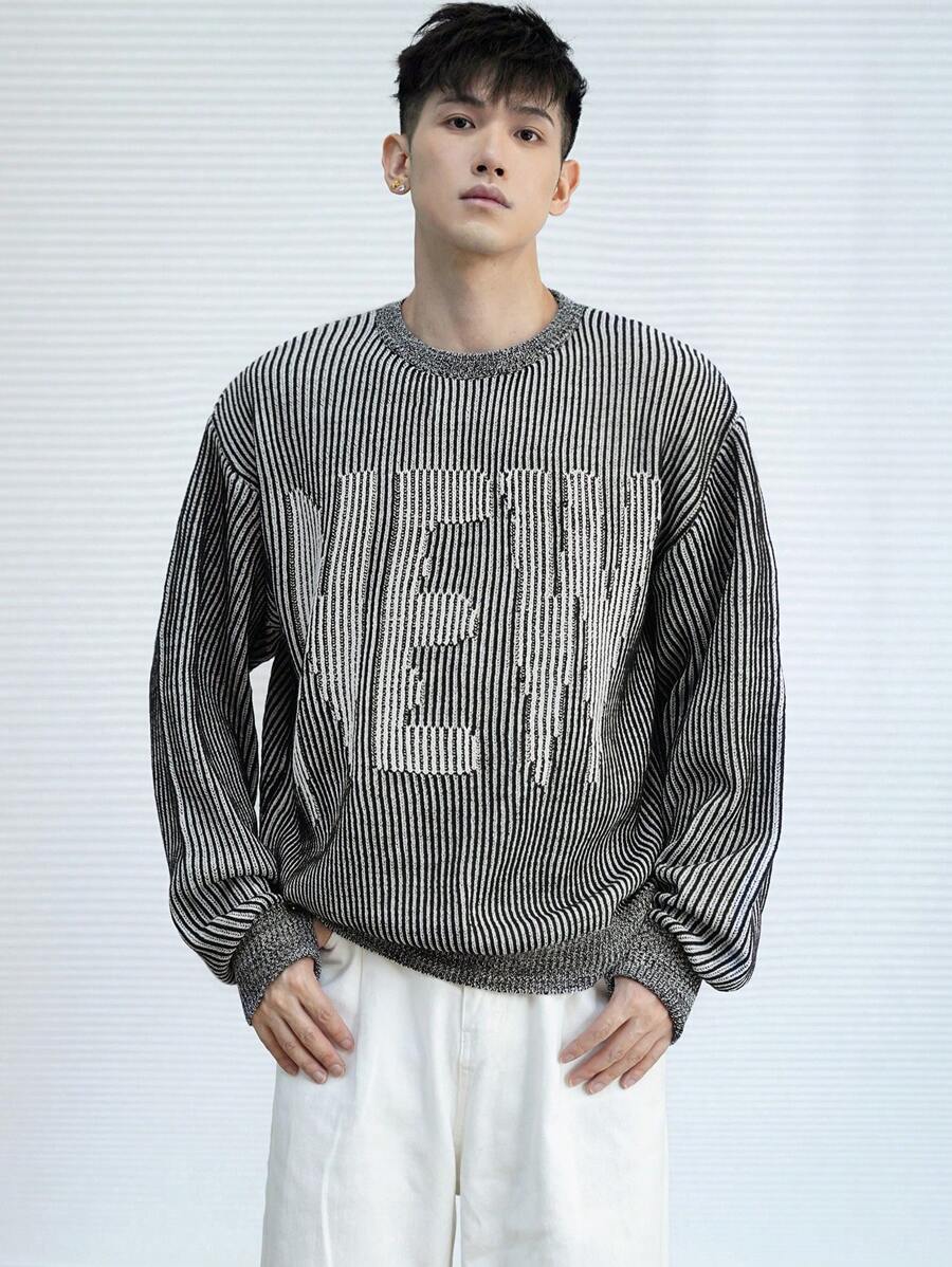 DAZY Men's Round Neck Striped Sweater With Letter Print, Long Sleeve, Spring And Autumn - Black and White - View 1