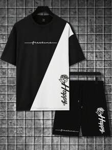 Manfinity LEGND Men's Summer Letter & Floral Print Round Neck Short Sleeve Casual T-Shirt And Drawstring Waist Shorts Set - Black and White - View 2