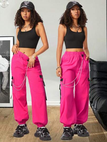 SHEIN EZwear Women's Personalized Contrast Color Vest And Workwear Harem Pants Two-Piece Set With Chain Decoration, Fashionable And Versatile