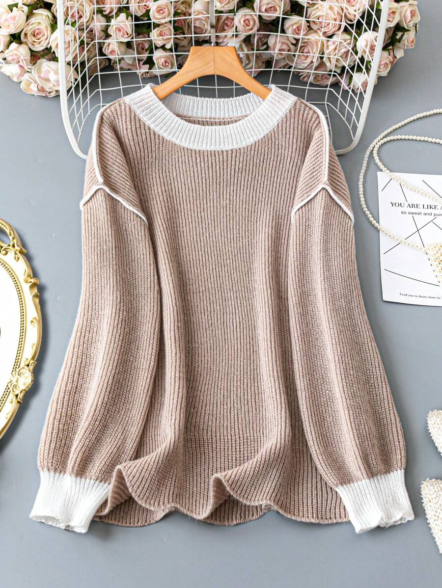 SHEIN LUNE 大码女式撞色圆领针织衫，饰有撞色滚边，休闲简约风，秋冬款 - 彩色 - 查看 1