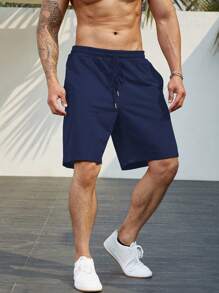 Manfinity Homme 男士素色腰部抽繩斜口袋短褲 - 藏蓝色 - 查看 3