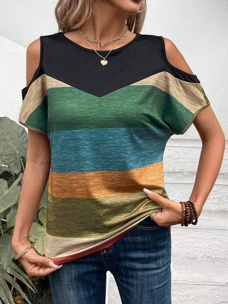 EMERY ROSE Camiseta gráfica de manga corta de cuello redondo hueca y casual de verano con bloques de color para mujer - Multicolor - Añade 4