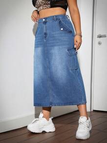 SHEIN ICON Plus Size Street Style Sexy Denim Skirt With Back Slit,Cargo Skirt,Fall Women Clothes,Denim Skirt,Back To School,Teacher Clothes, Blue - Medium Wash - View 6