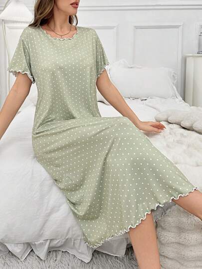 Round Neck Polka Dot Lettuce Pajama Nightdress Long Dress
