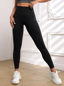 Seamluxe SHEIN Sport 寬腰帶運動打底褲 - 黑色 - 查看 5