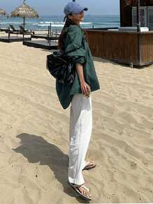 DAZY 纯色落肩纽扣前襟衬衫，长袖上衣亚麻秋季 - 墨綠色 - 查看 2