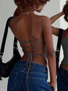 SHEIN ICON Áo Cami hở lưng có dây buộc chắc chắn - Xám - Xem 2