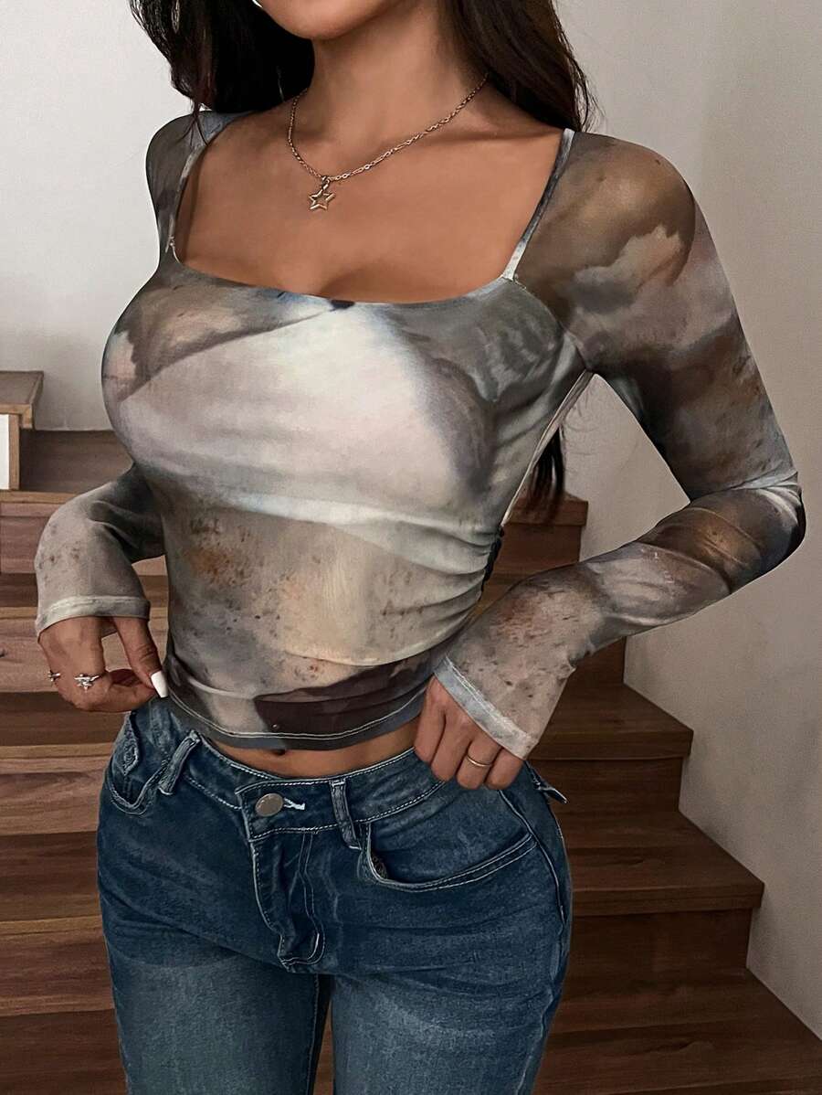 SHEIN EZwear Asymmetrical Pattern Square Neck Asymmetric Hem Mesh Short Date Top - Multicolor - View 1