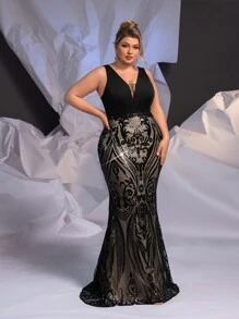 Glamrae Plus Size Black Satin Patchwork Luxury Sequins Sexy See Through Design Elegant Fishtail Heavy Duty Evening Formal Dresses Prom Wedding Guest Gown, For Graduation, Dinner Party Dress