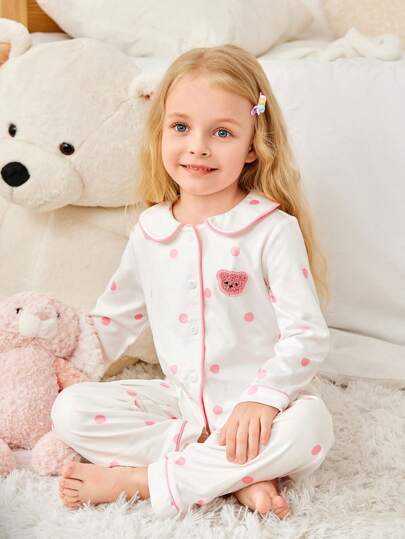 2pcs Young Girl Simple White & Pink Polka Dot Print Pajama Set, Long Pants & Long Sleeve Top, Casual Sleepwear