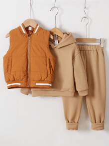 SHEIN 3-delige set met geribde kraag en effen sweatshirt voor jonge meisjes, geschikt voor herfst en winter voor vrijetijdskleding, school, feesten, verjaardagsfeestjes, shows, bruiloften, doopfeesten, eerste verjaardag, terug naar schoolseizoen