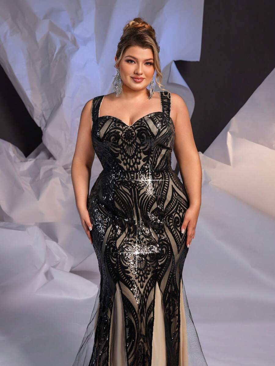 SHEIN Belle Plus Size Elegant Fish-Tail Type Formal Dress With Rose Red Off-Shoulder Ruffle Collar And Luxurious Bowknot - Hot Pink - View 1