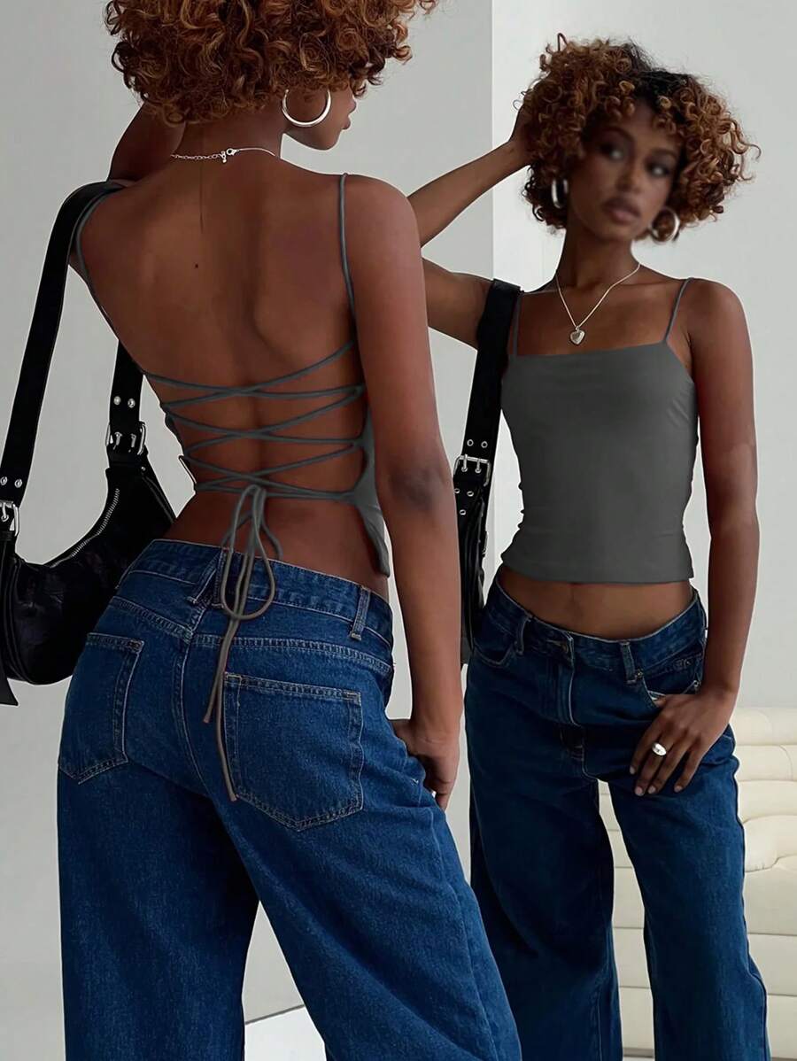 SHEIN ICON Top de tirantes sólido con encaje y espalda descubierta ajustable con cordones - Gris - Ver 1
