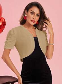 SHEIN Clasi Chaqueta ligera de manga abullonada y corta de unicolor para mujer, para primavera/verano y otoño/invierno - Albaricoque - Ver 4