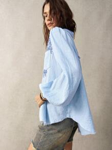 Bohemela Blue Embroidered Vacation Teacher Shirt For Women - Baby Blue - View 5