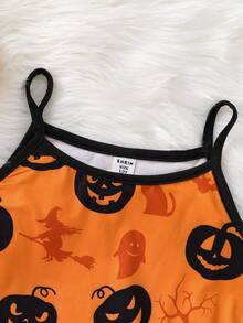 Bộ đồ ngủ áo ba lỗ và quần short in họa tiết Halloween cho bé gái tuổi mới lớn, dành cho tiệc Halloween - trái cam - Xem 4