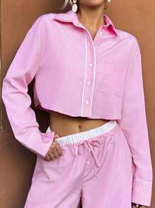 Forever 21 Damskie koszule na co dzień i na jesień i zimę, podstawowe, oversize i wyjściowe, z długim rękawem i jasnoróżowe w prążki - Różowy - Zobacz 8