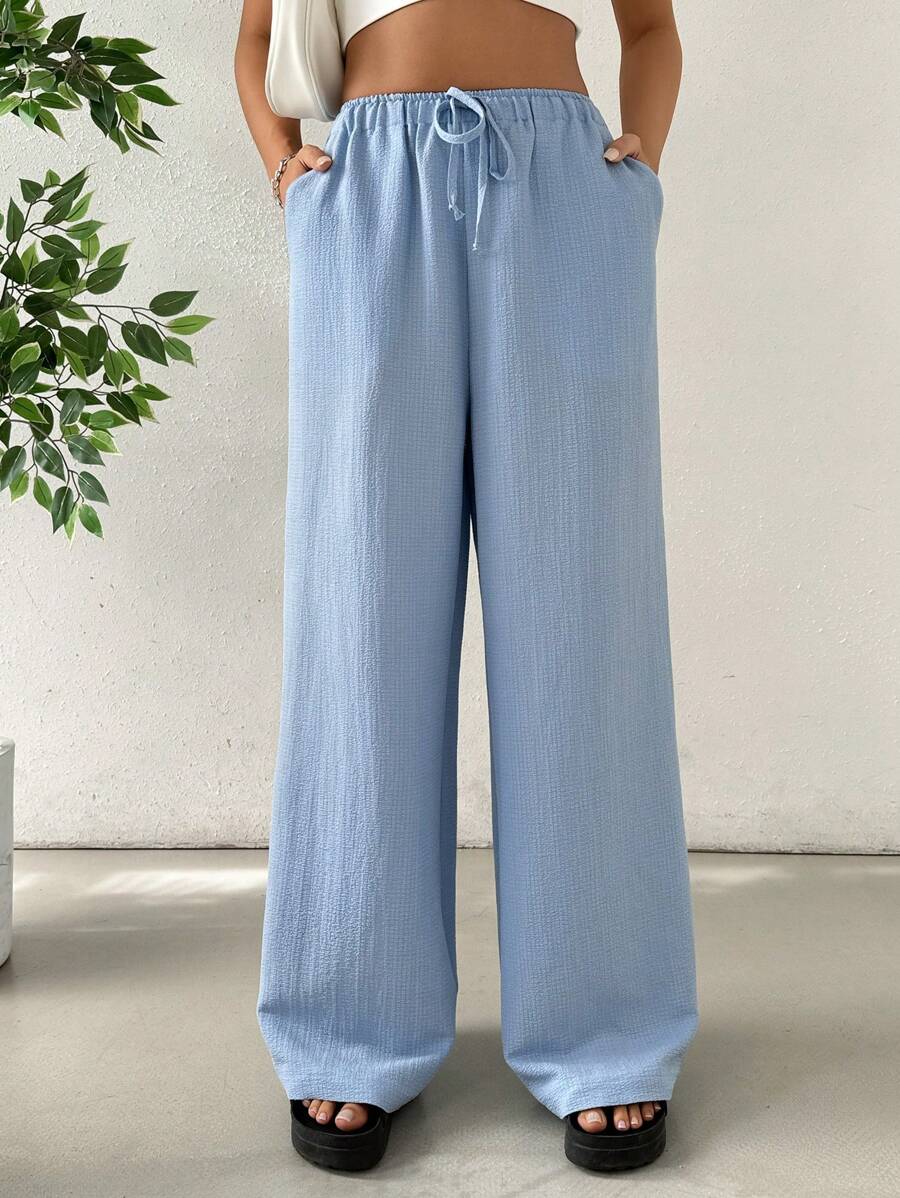 SHEIN EZwear Quần dài vừa vặn đơn giản màu trơn hàng ngày của phụ nữ - Màu xanh lam - Xem 1