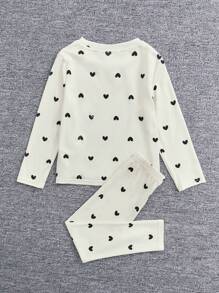 SHEIN Leap Crew Young Girl Bear & Heart Print PJ Set - Multicolor - View 4