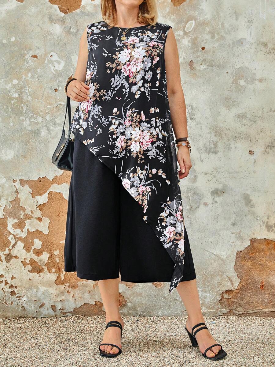 Top asimétrico sin mangas de talla grande con aro redondo e impresión de flores aleatoria y pantalones de unicolor, atuendos casuales de verano - Negro - Ver 1