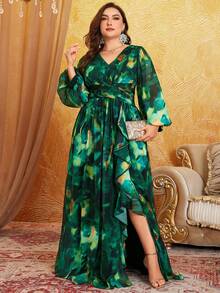 SUPGIR Abito in chiffon stampato digitalmente con manica a lanterna lunga, scollo a V, stampa floreale acquerellata, pieghe in vita, elegante e grazioso, taglie forti