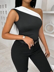 VaVaBold Áo kiểu dáng ôm vừa vặn không tay một vai mùa hè dành cho nữ có nếp gấp - Đen và trắng - Xem 6