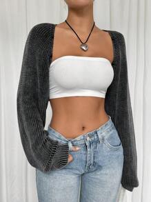 SHEIN EZwear 女士纯色简约日常长袖短款开衫，秋冬季长袖上衣 - 灰色 - 查看 6