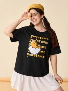 Gudetama X SHEIN Camiseta negra floja de manga corta con patrón de huevo impreso fresco 'Dopamina' linda y casual de talla grande para el verano, estilo urbano - Negro - Ver 4