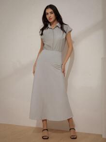 Aveloria Modichic 隨機經典條紋法式風格高腰修身通勤襯衫雪紡中長裙女夏季2件套裝 - 灰色 - 查看 4