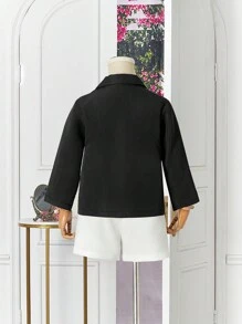 SHEIN 2入組男童白色前短後長袖西裝和短褲套裝，適合春、夏、秋，婚禮、生日聚會和開學季節 - 灰色 - 查看 2