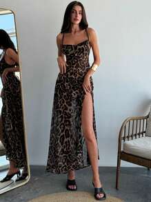 Aloruh Vestido largo ajustado de primavera/verano con cuello profundo drapeado, espalda cruzada y tirantes de espagueti, estampado de leopardo sexy y cintura fruncida