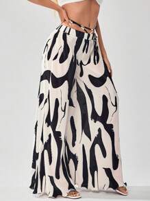 SHEIN SXY 女士幾何印花闊腳鬆緊帶寬鬆休閒褲 - 黑與白 - 查看 3