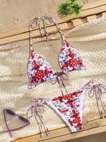 SHEIN Swim 女士夏季海灘花卉印花露背頸帶兩件式比基尼三角杯泳衣套裝，隨機印花 - 彩色 - 查看 2