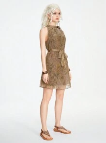 ROMWE Vintage Floral Pleated Metallic Fabric Women's Stand Collar Belted Sleeveless Dress - Brown - View 3
